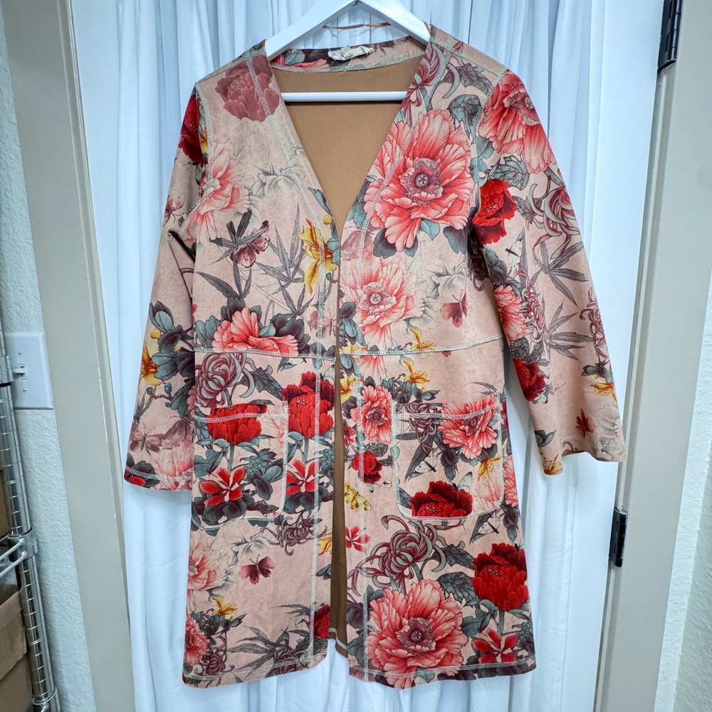 Anthropologie Solitaire Floral Faux Suede Open Front Cardigan Jacket 
Medium